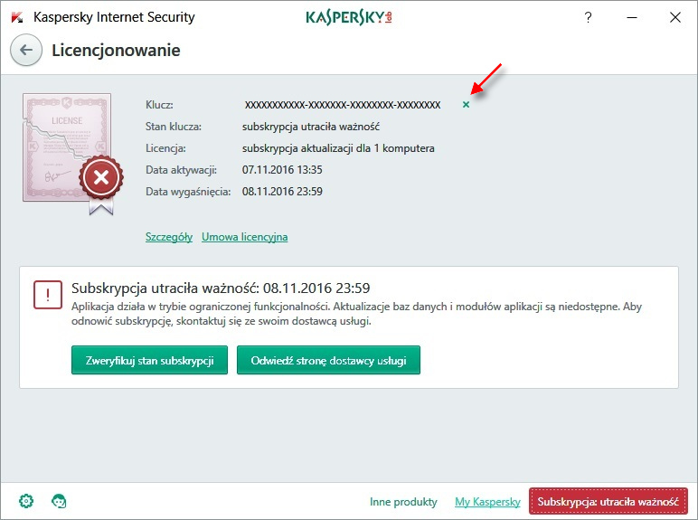 Kliknij ikonę z krzyżykiem przy kluczu licencji.