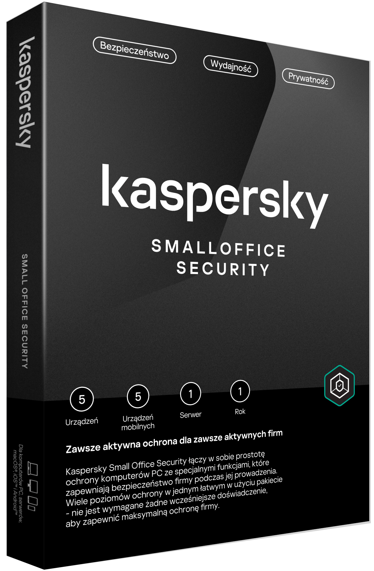 Kaspersky Small Office Security, 5 komputerów, 5 urządzeń mobilnych, 1 serwer plików, 1 rok